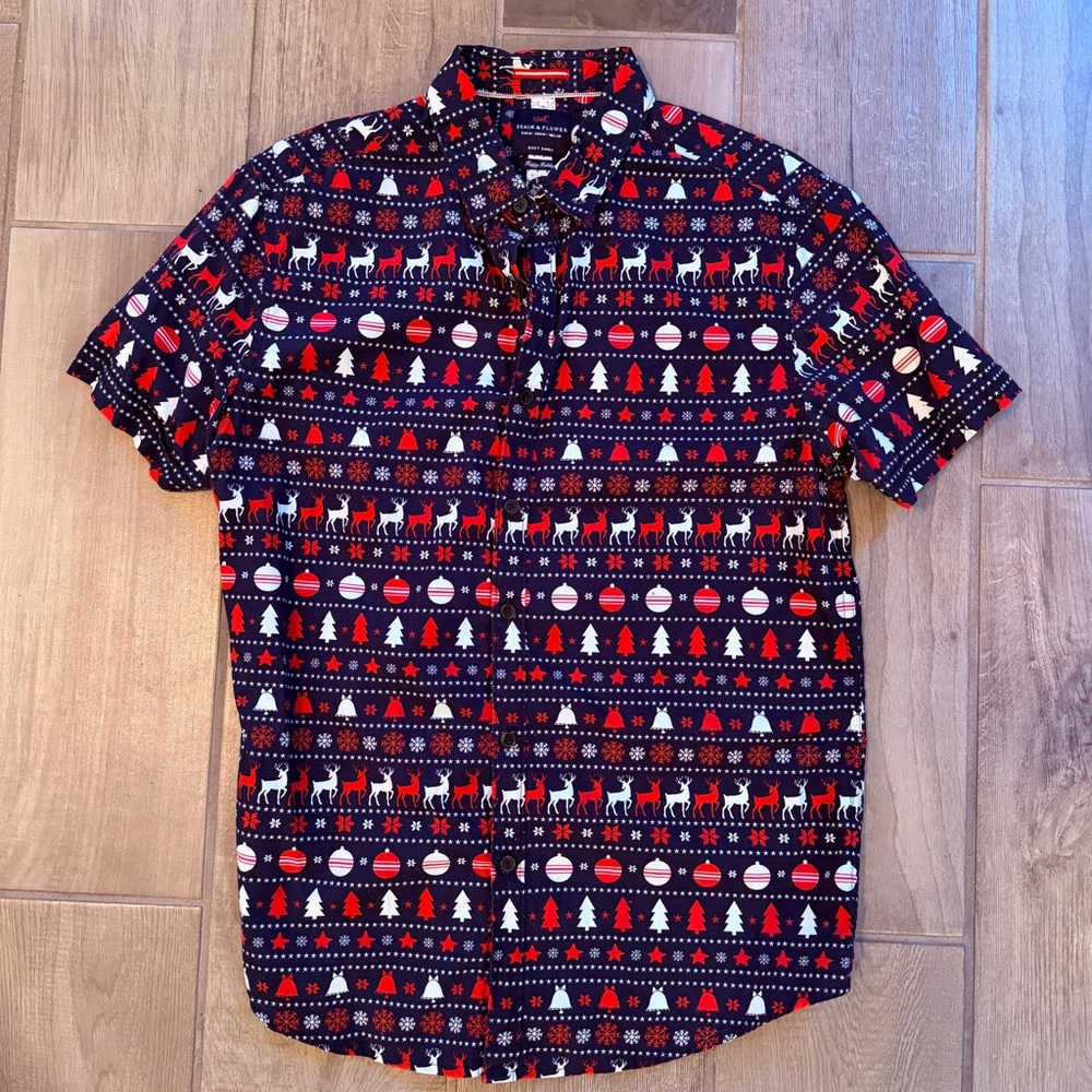 Men's Christmas Fair Isle Denim Flower Button-Down Shirt